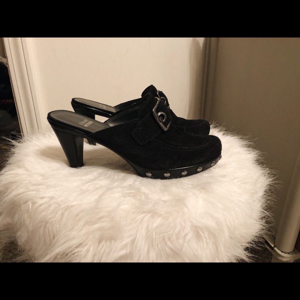 Stuart Weitzman Double Agent Blksuede Buckle Clog - image 3
